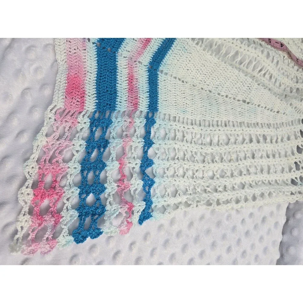 Vintage 1950's Hand Crocheted Hostess Half Apron White Aqua Pink Colorway Bleed